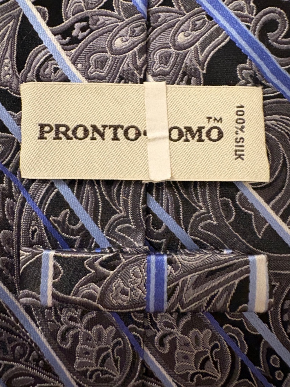 Pronto Uomo 100% Silk Tie Classic Charcoal Paisley Blue White Repp Stripe
